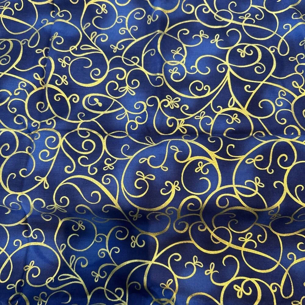 Timeless Treasures Blue & Gold Shimmer Scroll Cotton Quilting Fabric 37